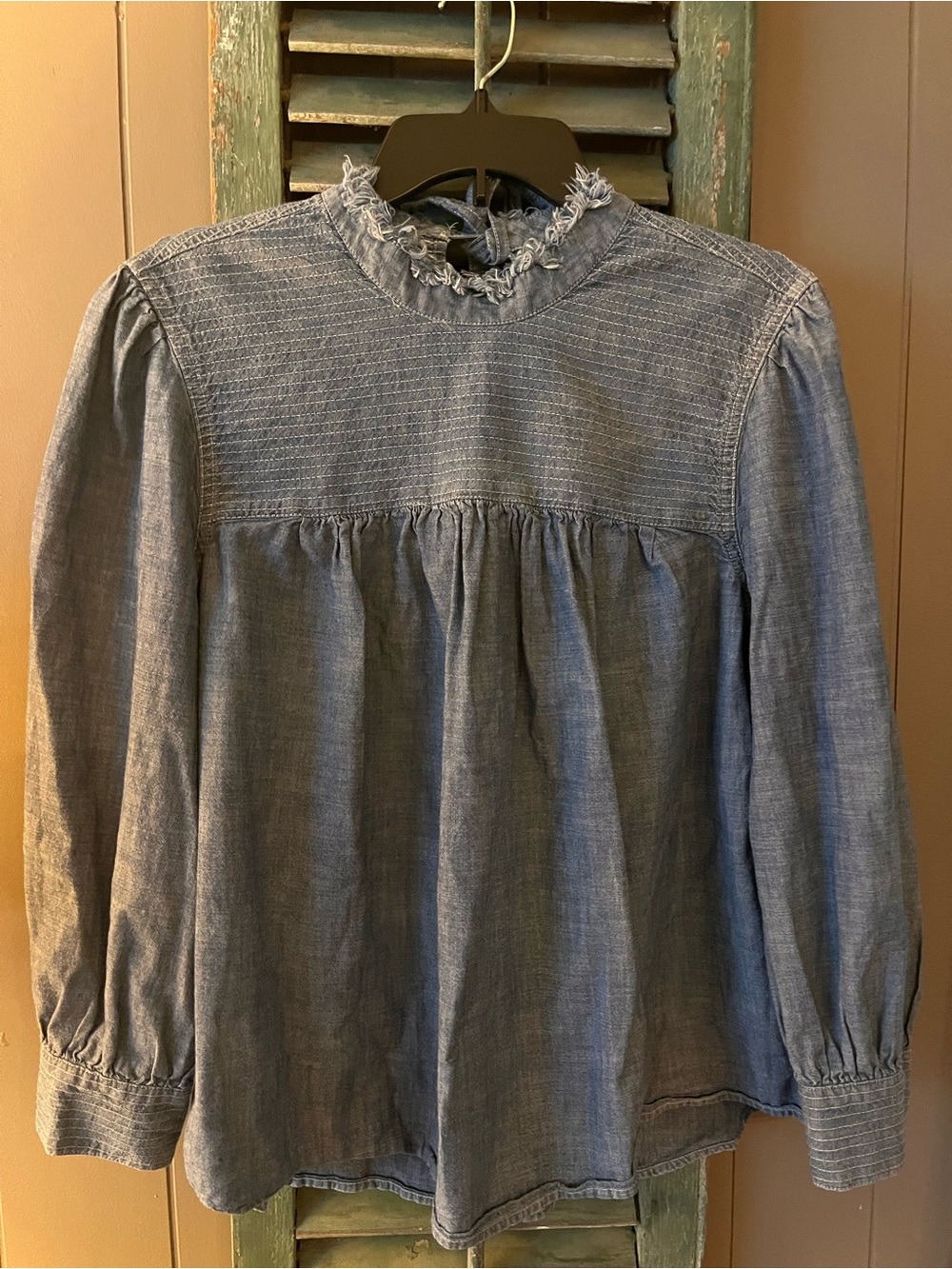 GAP Blue Striped Chambray Top with Frayed Trim